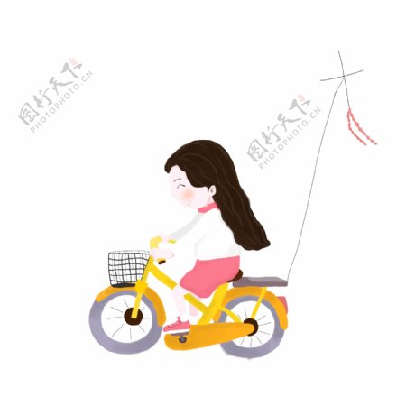 卡通小清新骑自行车放风筝的女孩可商用元素