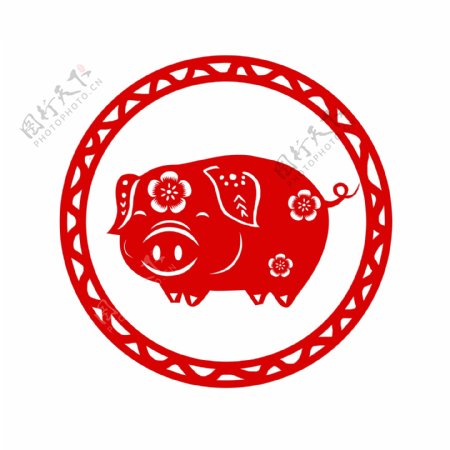 猪年生肖红色剪纸可爱中国风