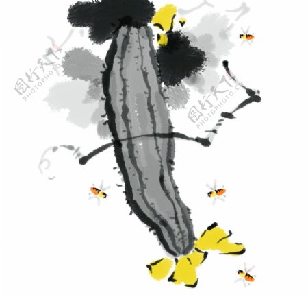 手绘国画风丝瓜与蜜蜂