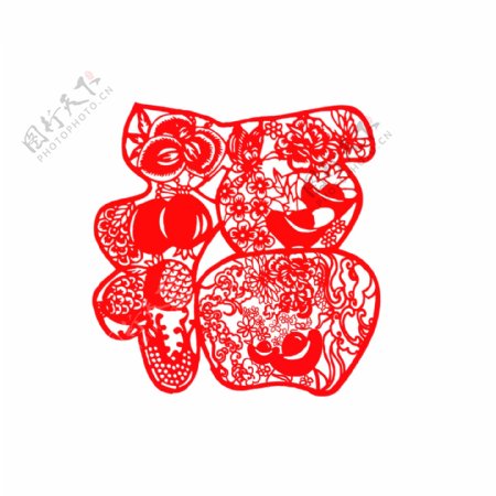 中国红创意福字剪纸装饰元素