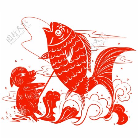 商用手绘新年中国风鲤鱼剪纸小猪钓鱼浪