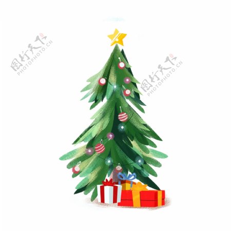 卡通小清新圣诞树和一堆礼物设计