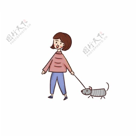 小清新少女拉着狗狗散步儿童插画元素