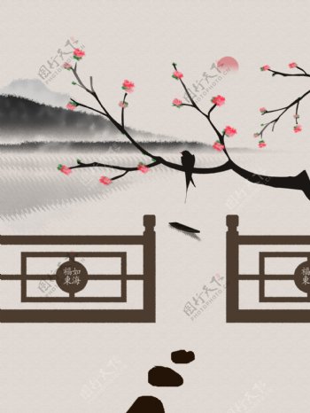 中国风桃花栏杆古风客厅山水装饰画