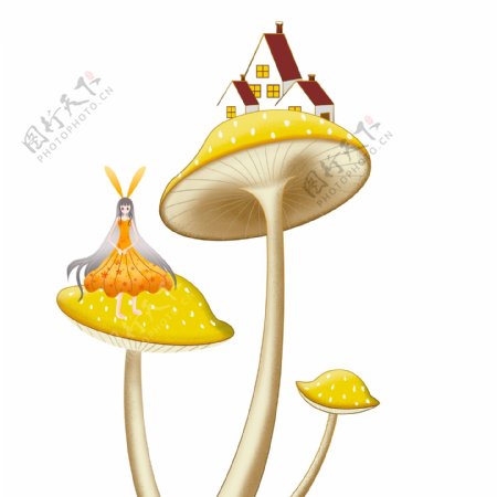 童话风蘑菇上面的房子和女孩