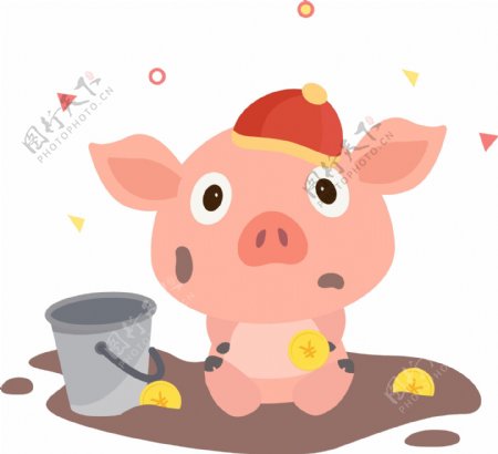 猪年卡通猪挖金币新年矢量