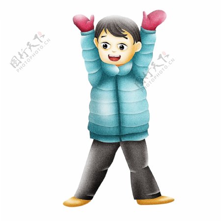 冬天穿着蓝色羽绒服带着手套的小男孩