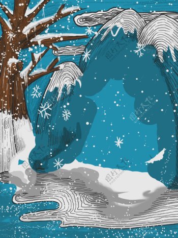 蓝色冬季下雪雪地树林背景设计