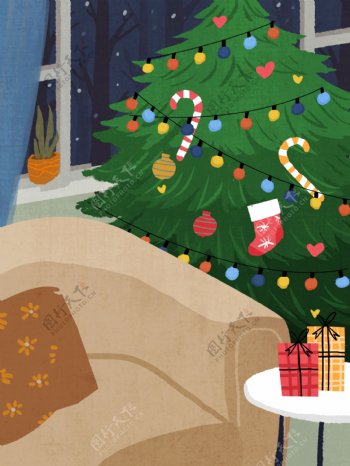 简约手绘风圣诞树与一个人的圣诞节背景素材