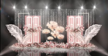 粉色轻奢雕刻门板质感花朵雕塑婚礼效果图