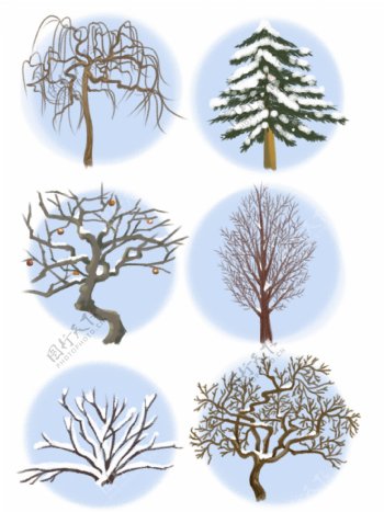 手绘冬天里的各种树