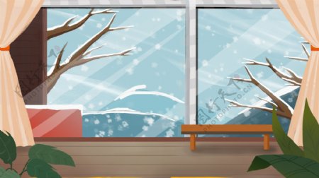 大雪节气手绘窗外雪景背景素材