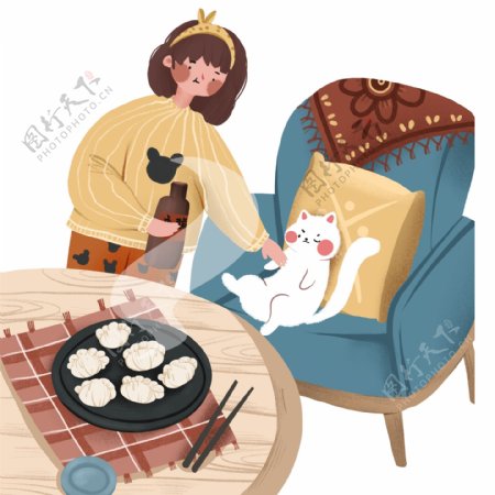 温暖冬至撸猫吃饺子的女孩