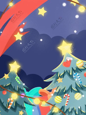 手绘圣诞节圣诞树与星星背景素材
