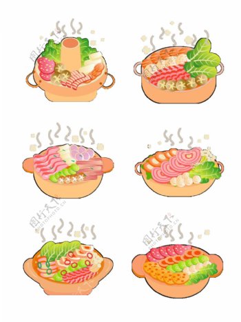手绘冬季美食之卡通可爱火锅元素套图