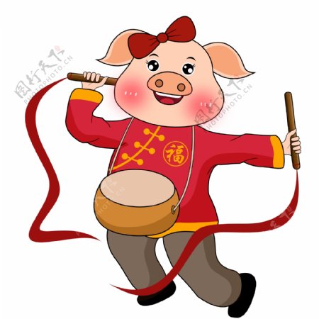 卡通传统中国风敲花鼓的猪猪