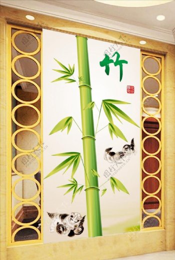 中式小猫嬉戏图竹子玄关