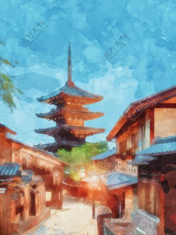 全原创手绘水彩日式建筑背景