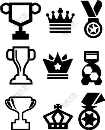 黑白色王冠奖杯奖牌颁奖图标素材AI素材