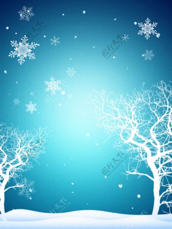 纯原创小清新蓝色冬天雪花雪景背景