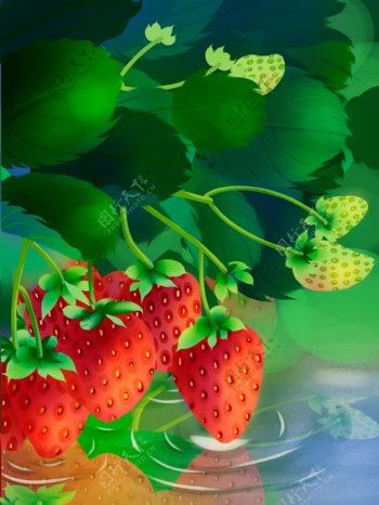 彩绘绿叶草莓背景设计