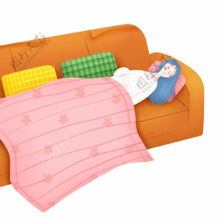 彩绘小清新沙发上盖着毯子睡觉的女孩