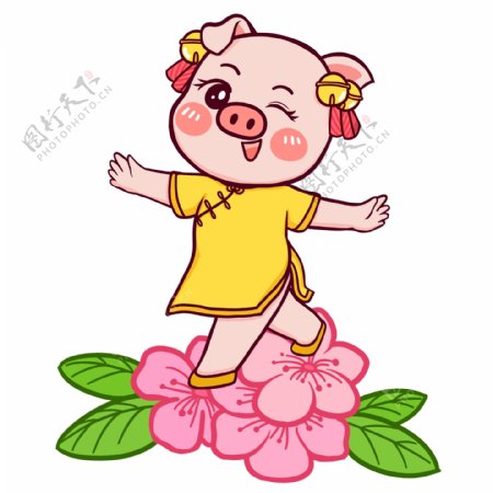 脚踩莲花穿旗袍的猪猪女孩人物设计
