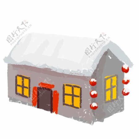 春节手绘卡通盖着雪的屋子