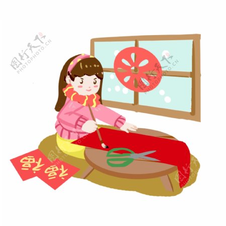 春节传统习俗贴窗花写对联手绘插画