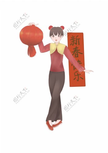 春节人物和灯笼插画