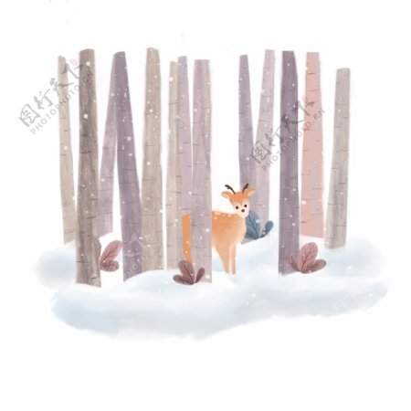 冬季雪景林深见鹿手绘插画