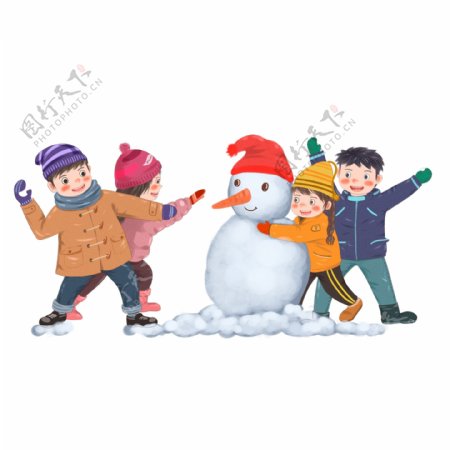 手绘冬天堆雪人打雪仗的儿童人物设计