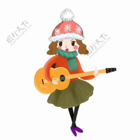 冬日大雪中弹吉他的女孩