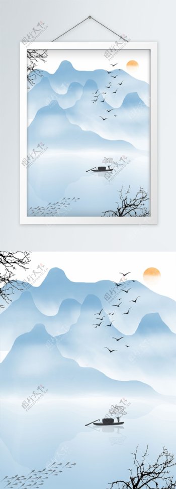 中式群鱼山水客厅装饰画