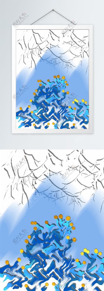 现代简约蓝色抽象波点植物客厅装饰画