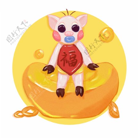 手绘蜡笔风坐在金元宝上的猪宝宝卡通可爱