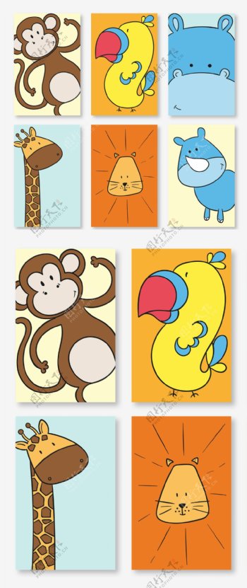 多款彩绘线描可爱动物卡片矢量素材
