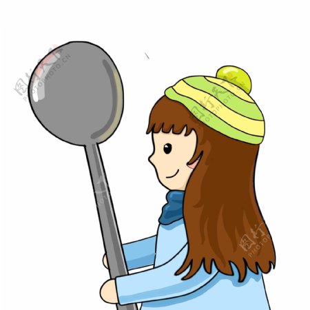 卡通拿着勺子的女孩漫画人物设计