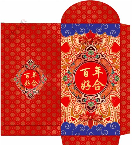 中国风背景百年好合婚礼红包设计