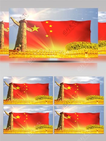 中国国旗飘扬鸟巢金碧辉煌