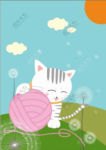原创插画自然印记插画玩毛线的猫与蒲公英