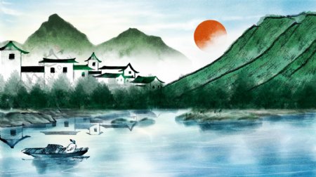 唯美中国复古水墨画风景画中国水墨插画