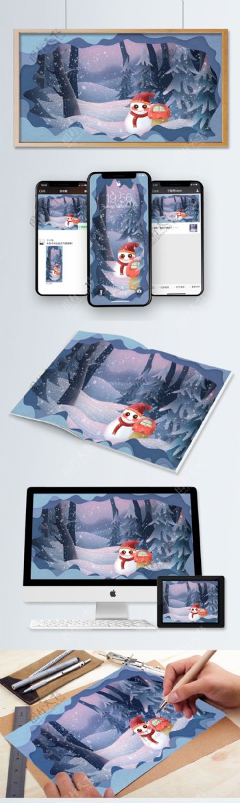 节气大雪剪纸风格雪中的雪人场景插画