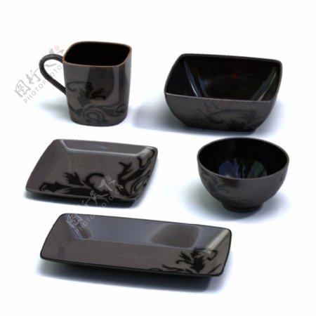 黑色花纹餐具碗碟杯子3d模型