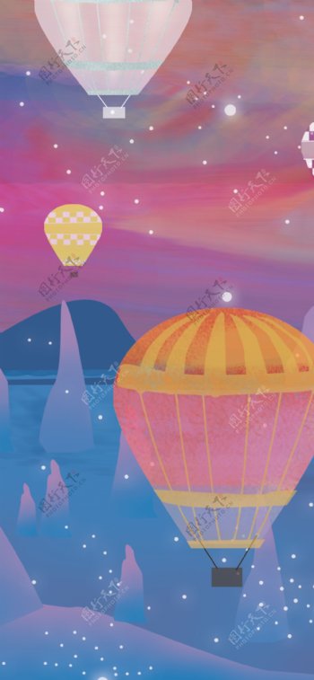 星空城堡和热气球插画