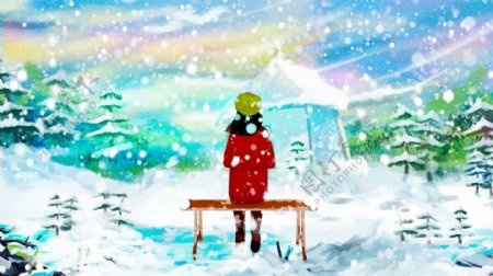 唯美清新冬季雪景创意冬日私语女孩插画