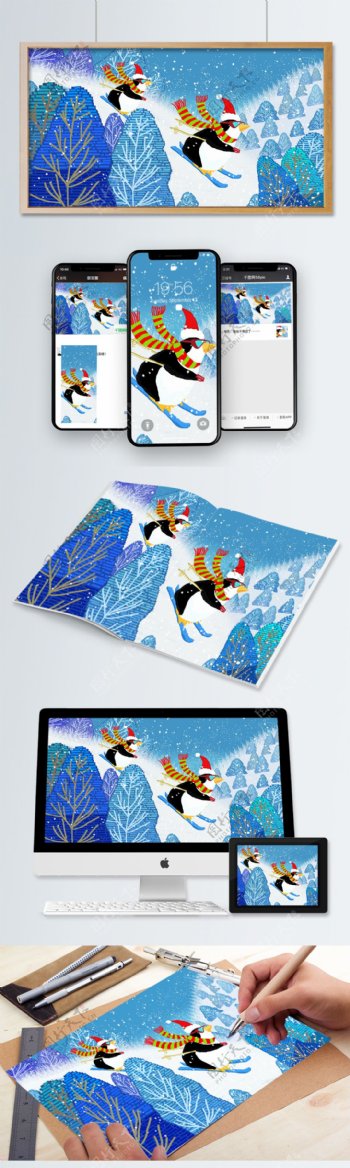 冬天你好企鹅滑雪插画