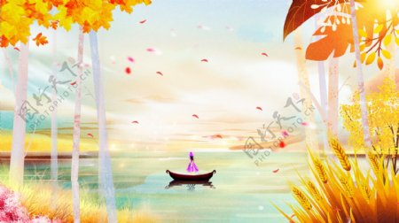 原创手绘插画秋天风景女孩坐坐船欣赏美景