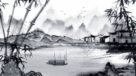 复古唯美中国水墨画山水画水彩画插画