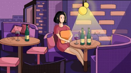 午夜之城女孩生活喝酒餐厅酒吧简约插画